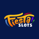 Fiesta Slots logo with orange stylized text and colorful wave accents on a dark blue background.